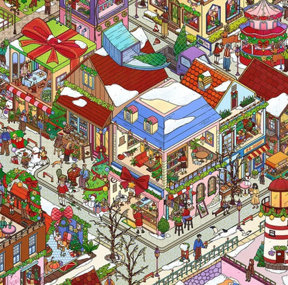 Festive seaside town sticker art with decorated houses, people, snow, and Christmas trees