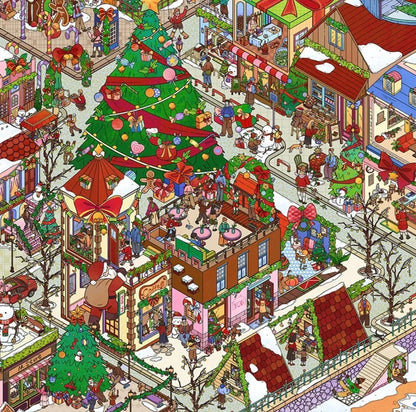 Miniature seaside villa Christmas town scene sticker with festive tree, people, and snowy rooftops