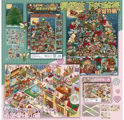 Christmas Love Town scene stickers featuring festive holiday village, tree, and cute animals