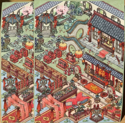 Colorful miniature town scene sticker with lanterns, garden, pavilion, and ornate buildings