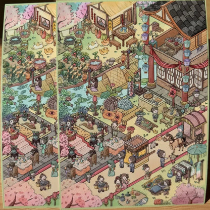 Colorful miniature town scene sticker featuring market stalls, people, cherry blossoms, river, and lanterns.