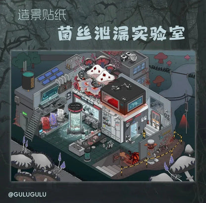 Miniature horror laboratory scene sticker with large mushrooms, mysterious lab equipment, and fantasy details.