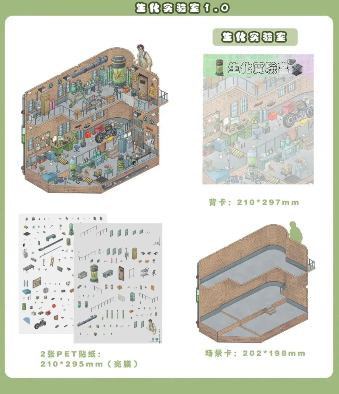 Miniature sticker set featuring a detailed bio lab room with furniture, lab equipment, and accessories.