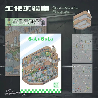 Miniature bio lab scene sticker sheet with detailed lab equipment and scientist illustration