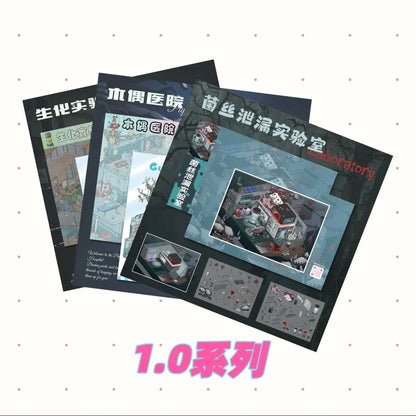 Miniature horror scene stickers featuring puppet hospital and laboratory designs, 1.0 series.