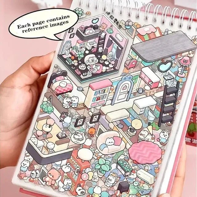 Hand holding a spiral notebook with cute miniature room scene stickers, ideal for journaling.