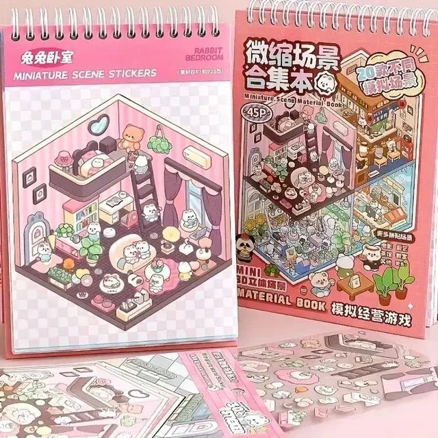 Miniature scene sticker books with cute cartoon animal room designs for journaling and crafts