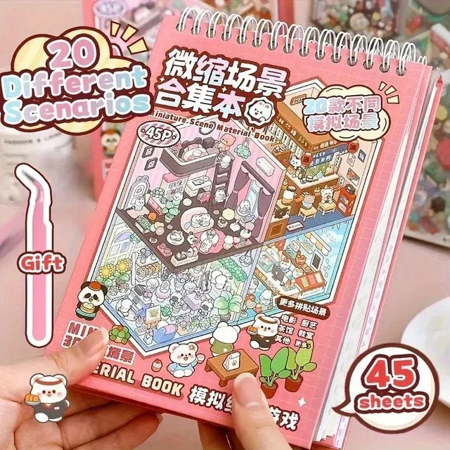 Miniature scene sticker book with 20 scenarios, cute cartoon animals, and 45 sheets