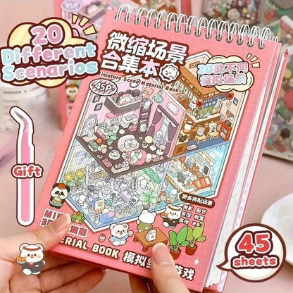 Miniature scene sticker book with 20 scenarios, cute cartoon animals, and 45 sheets