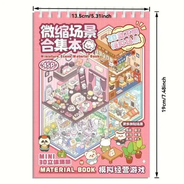 Miniature scene sticker book with cute animal characters, colorful 3D room designs, and size chart.