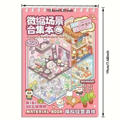 Miniature scene sticker book with cute animal characters, colorful 3D room designs, and size chart.