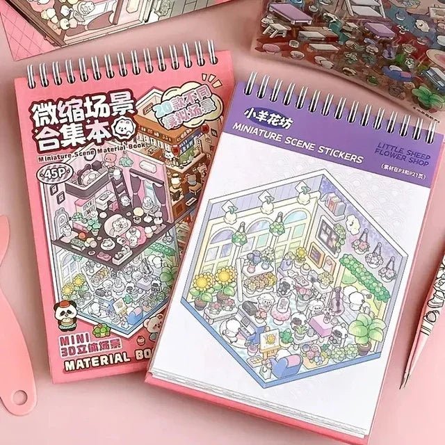 Miniature scene sticker books with cute illustrated covers for journaling and scrapbooking