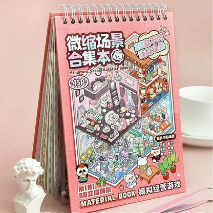 Miniature scene material book with colorful 3D diorama illustrations and spiral binding