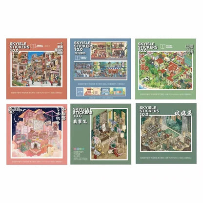 Colorful city scene and miniature room sticker packs, perfect for journaling and scrapbooking.