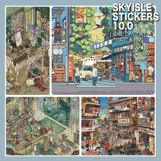 Colorful city sticker set featuring lively street scenes and cozy, detailed miniature rooms.