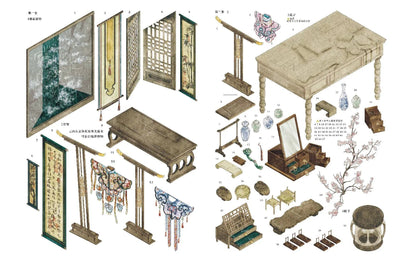 Miniature Asian furniture and room decor scene stickers, including tables, screens, lanterns, vases, and cherry blossom branch, ideal for journaling or scrapbooking.
