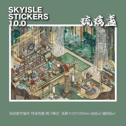 Miniature Asian-inspired room scene sticker set with detailed furniture, lanterns, and decor.