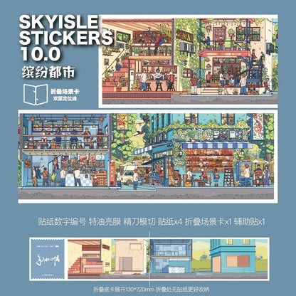 Colorful city scene sticker sheets with detailed miniature illustrations of cafes, shops, and plants