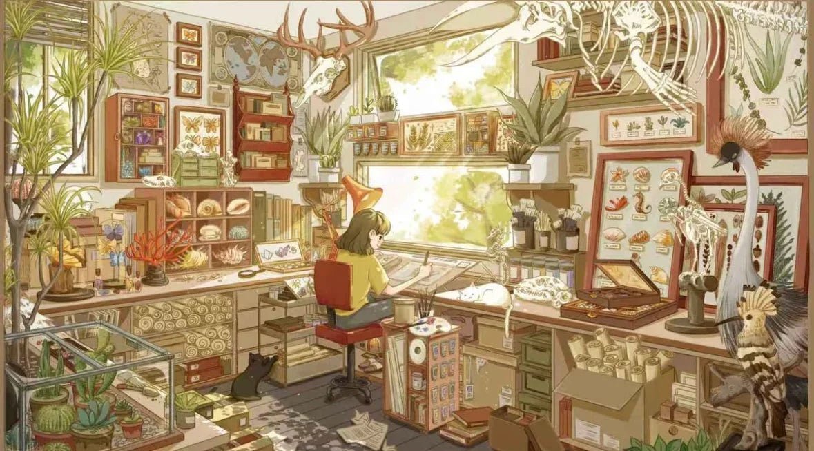 Cozy art studio with botanical decor, plants, natural history specimens, and a girl drawing by the window.