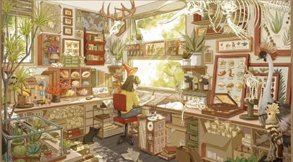 Cozy art studio with botanical decor, plants, natural history specimens, and a girl drawing by the window.