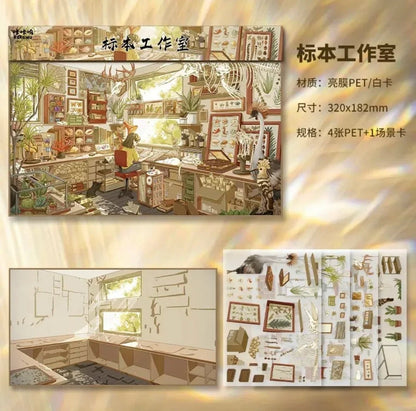 Miniature studio scene sticker set with botanical, animal, and specimen-themed designs for journaling.