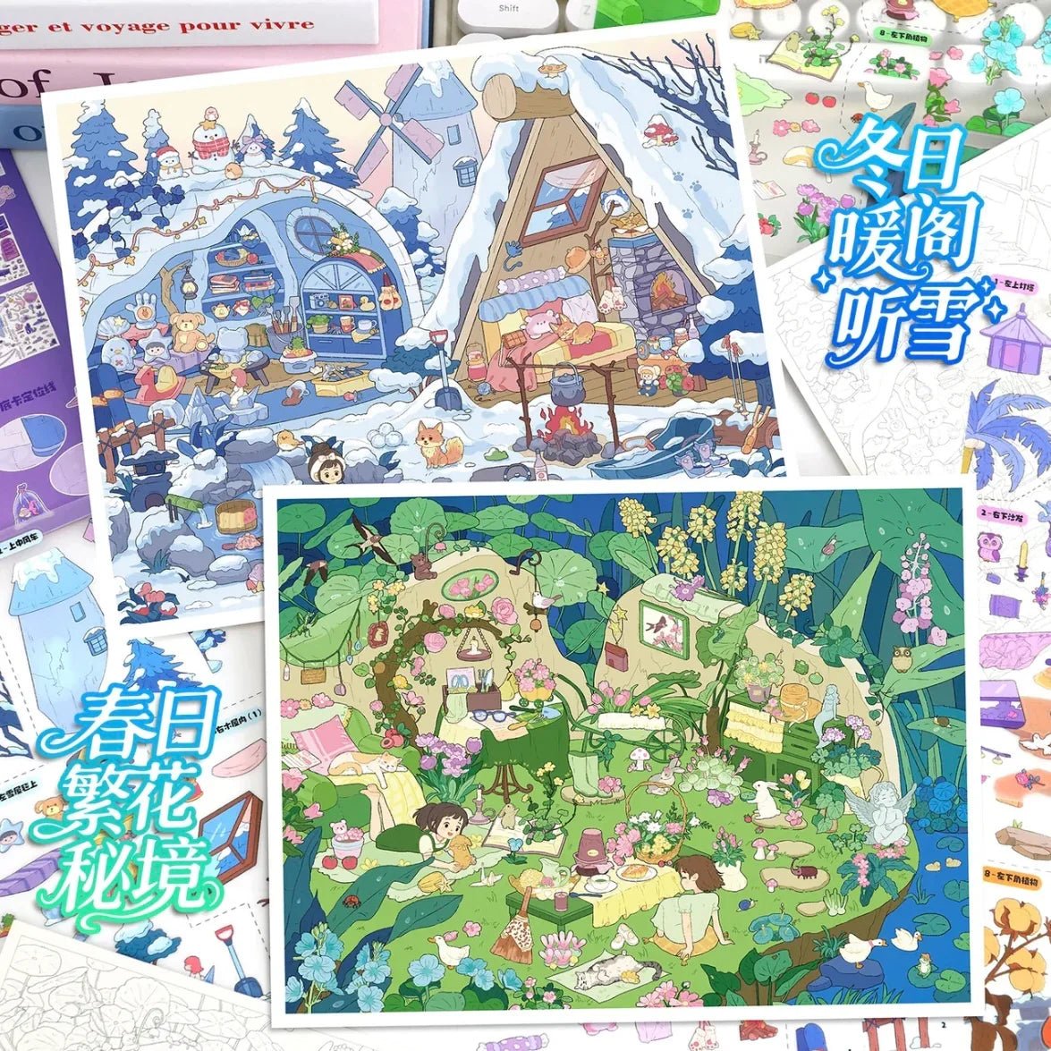 Vol. 117 Four Seasons Spring Blossom Secret Land Summer Shell Post Office Autumn Pumpkin Cottage Winter Snow Pavilion - L - JoyJollyCrafts