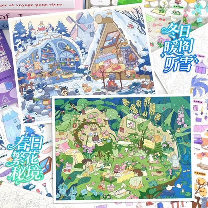 Vol. 117 Four Seasons Spring Blossom Secret Land Summer Shell Post Office Autumn Pumpkin Cottage Winter Snow Pavilion - L - JoyJollyCrafts