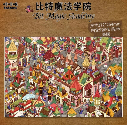 Colorful cartoon sticker sheet with whimsical magic academy buildings and fantasy characters.