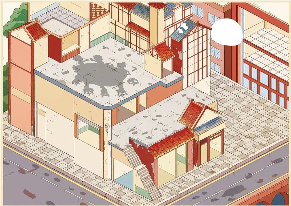 Colorful illustration of an Asian street scene with traditional tiled roofs, decorative architecture, and urban sidewalk, ideal for journaling or scrapbooking.