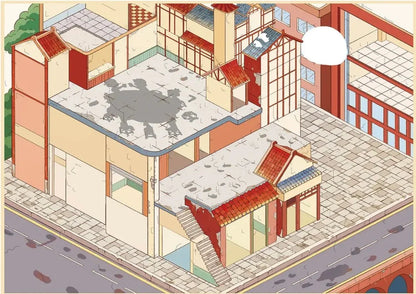 Colorful illustration of an Asian street scene with traditional tiled roofs, decorative architecture, and urban sidewalk, ideal for journaling or scrapbooking.