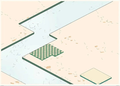 Minimalist art of a plaza and river with a checkerboard tile, abstract landscape sticker design.