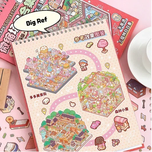 Miniature scene sticker collection book with colorful pink and purple themed designs for journaling