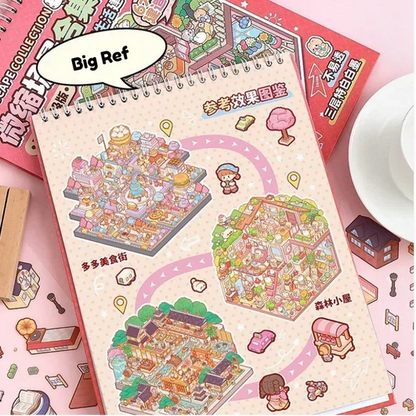 Miniature scene sticker collection book with colorful pink and purple themed designs for journaling