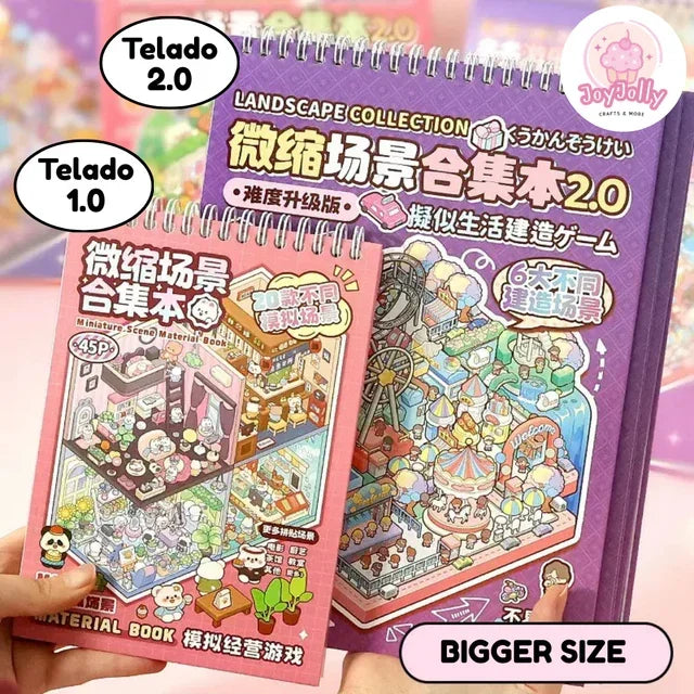 Two spiral-bound miniature scene material books in pink and purple with cute cartoon illustrations.