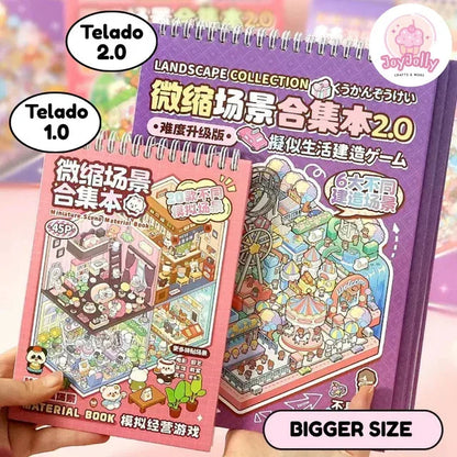 Two spiral-bound miniature scene material books in pink and purple with cute cartoon illustrations.