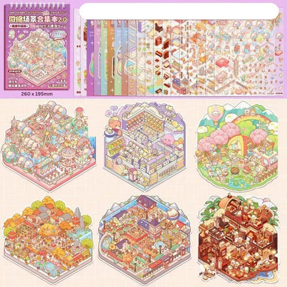Miniature scene sticker set featuring colorful, whimsical buildings and cozy landscapes.