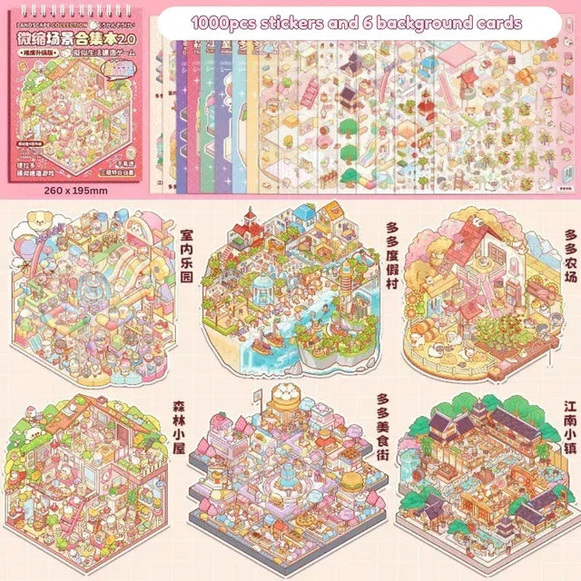 Colorful miniature scene sticker collection with cute pastel village, farm, and town designs.