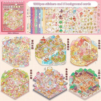 Colorful miniature scene sticker collection with cute pastel village, farm, and town designs.