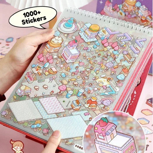 Cute pastel miniature scene sticker book with over 1000 journaling stickers in pink and purple.