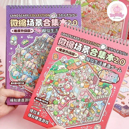 Miniature scene sticker books in pink and purple with cute illustrated landscape designs