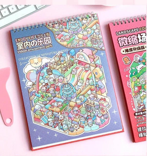 Colorful indoor amusement park themed miniature scene sticker book with cute characters