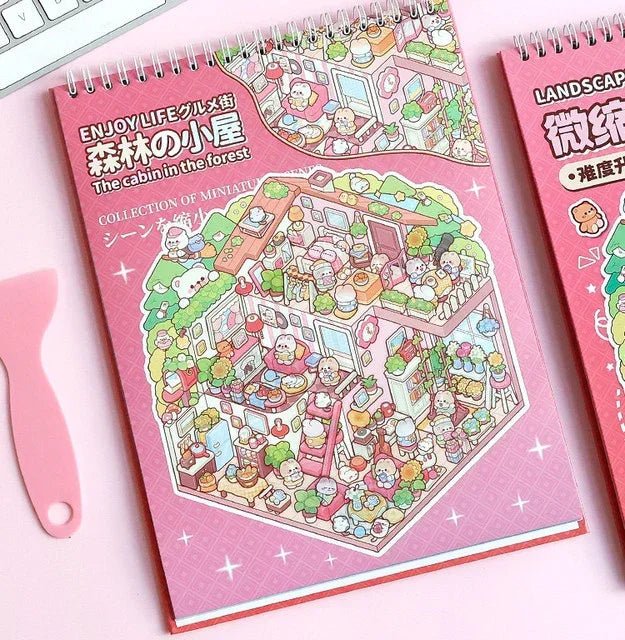 Miniature scene sticker pad with kawaii forest cabin design, pink and purple cover, journaling supplies