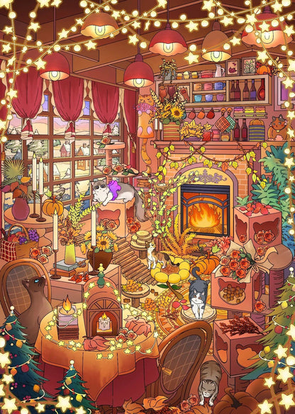 Cozy winter room scene with cats, glowing string lights, fireplace, and festive decorations