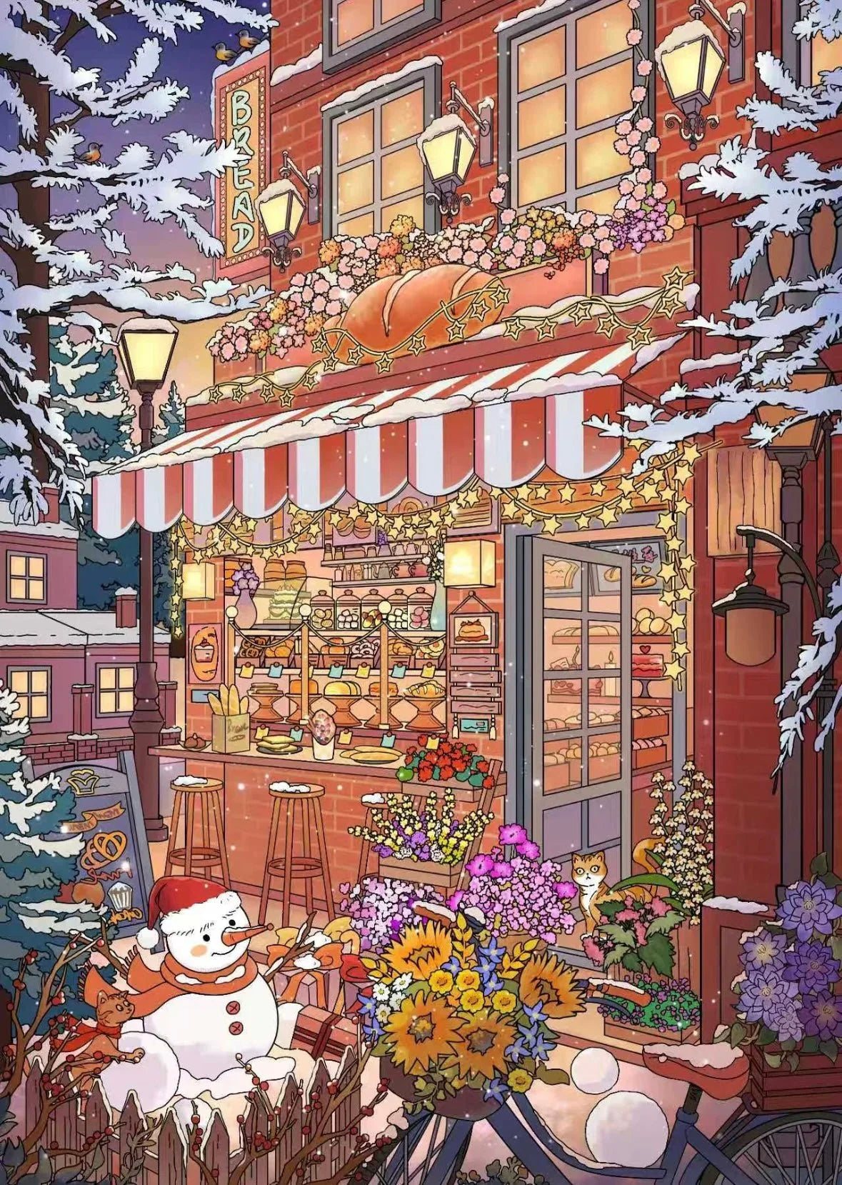 Cozy winter bakery scene with a snowman, cat, flowers, and snow-covered storefront at night