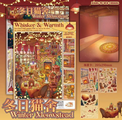 Cozy winter cat house sticker set with fireplace, festive decor, and miniature furniture designs.