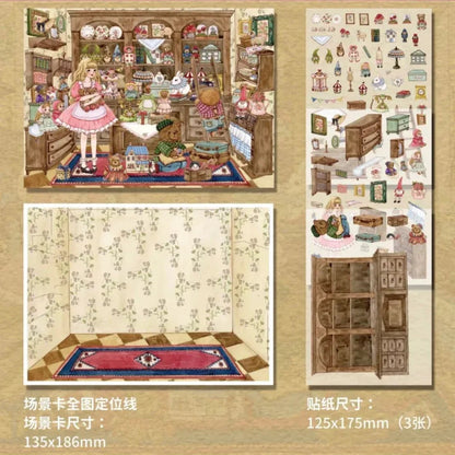 Hand-drawn miniature room scene stickers with girl, toys, shelves, and cozy vintage decor.