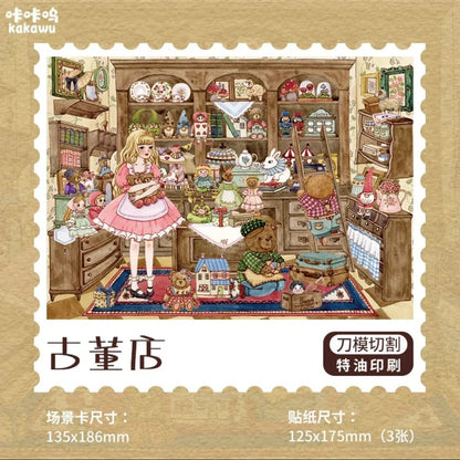 Hand-drawn vintage toy shop scene with dolls, teddy bears, and a girl in a pink dress.