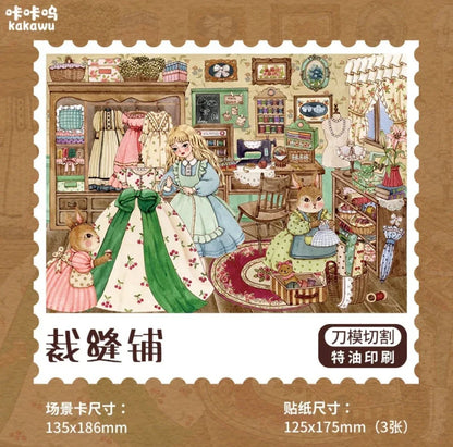 Hand-drawn sticker of a cozy tailor shop with a girl and animal friends sewing dresses.