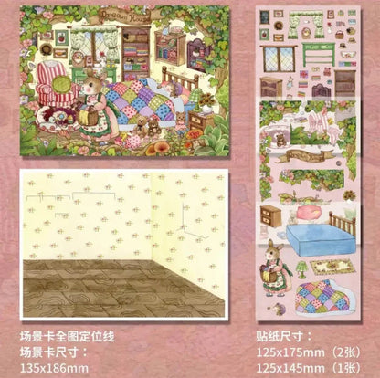 Hand-drawn forest cabin miniature scene stickers featuring cozy bedroom, animal characters, and furniture elements.