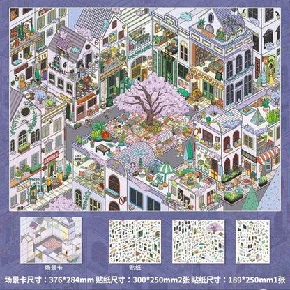 Miniature town scene with pastel buildings, a central cherry blossom tree, shops, and market stalls